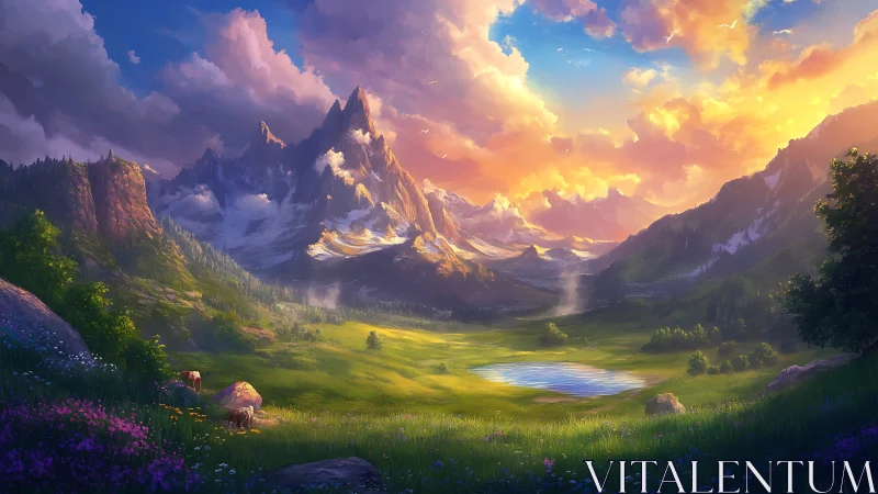 Radiant alpine basin under volumetric sunset illumination.