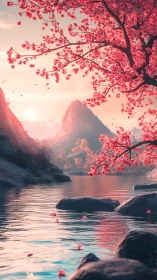 Digital painting of a tranquil sakura lake at sunrise.