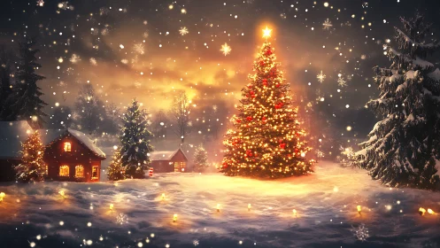 Snowy village glows around a radiant Christmas tree at dusk.