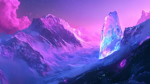 Crystal monolith hums above neon glaciers at violet dusk
