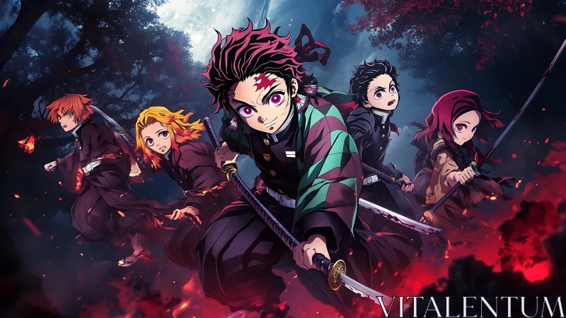 Dynamic sword-wielding anime team advances through ember-lit forest