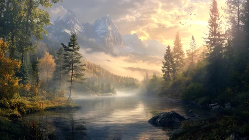 Sunrise mist drapes a storybook lake beneath rugged peaks.