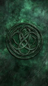 Textured green Celtic knot emblem on rough stone surface.