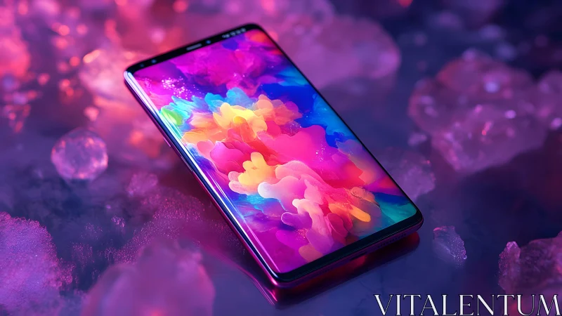 Modern smartphone with vivid abstract display in neon lighting.