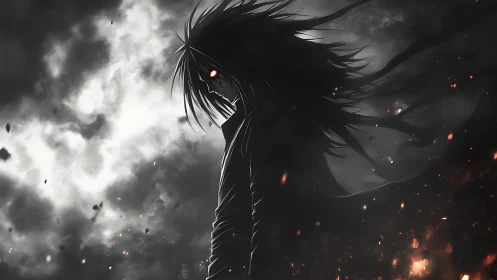 Dark anime figure with glowing red eyes in smoky sky.