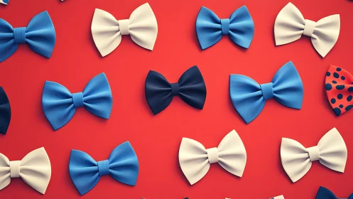 Colorful bow ties arranged on vibrant red background.