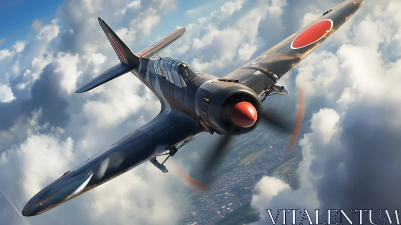 WWII fighter dives through broken clouds over farmland