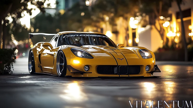 Golden street racer glows softly under warm city lights
