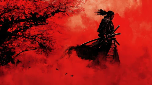 Lone samurai silhouette walking through red misted field.