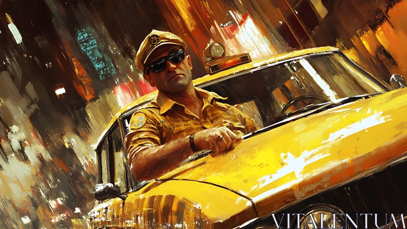 Taxi driver in yellow vehicle amid abstract urban lights.