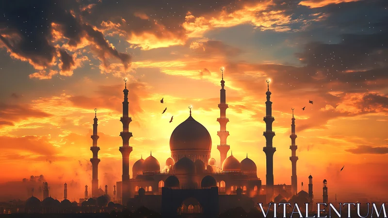 Sunset sky behind domed mosque and tall minarets.