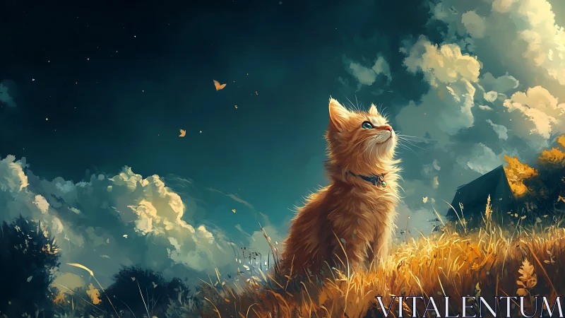 Orange Cat Gazes Skyward Among Golden Fields and Clouds