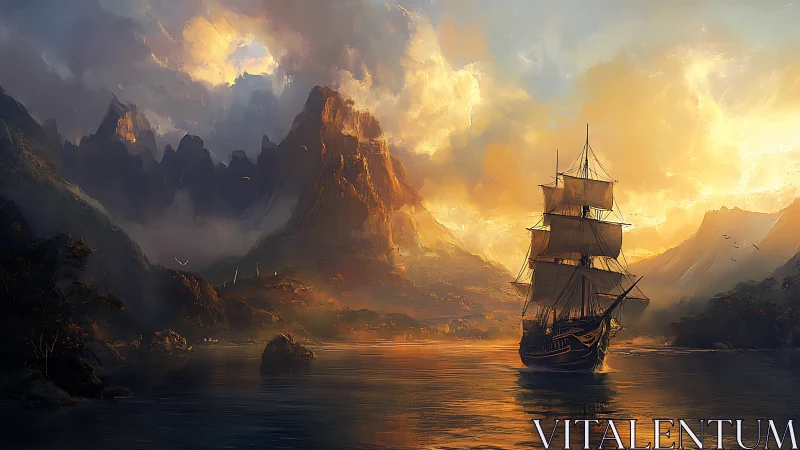 Sunfired galleon glides toward myth-lit mountain passage.