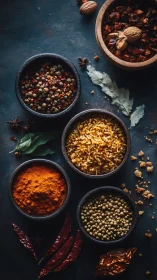 Assorted dry spices and herbs arranged in dark ceramic bowls.
