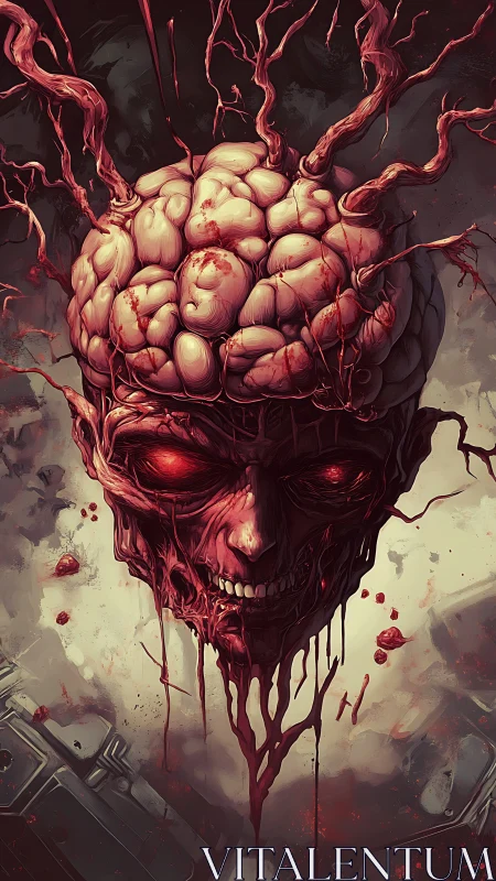 Exposed neural skull with vascular tendrils rendered in high-detail gore