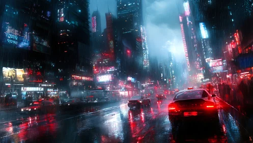 Neon rainstorms chase taxis through a sleepless cyber city night