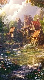 Sunlit river hamlet wrapped in wildflower enchantment.