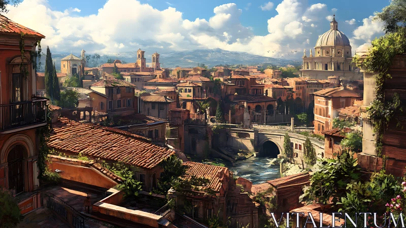 Sunlit terracotta river cityscape with domed basilica vista.