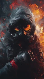 Hooded gasmask soldier stands amid roaring inferno flames.
