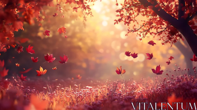 Golden autumn leaves dancing in gentle evening light.