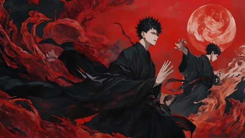 Twin sorcerers command crimson storms beneath blood moon.