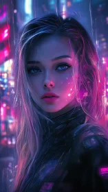 Neon-lit cyber heroine under rain-soaked city lights.