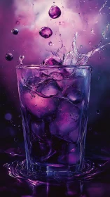 Purple Liquid Splash in Glass with Airborne Droplets.