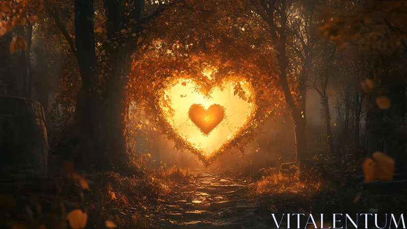 A Glowing Heart Shines Through the Autumn Forest Path