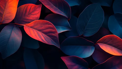 Red and blue leaves in uniform abstract close-up arrangement.