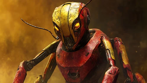 Insect-like humanoid robot stands against diffuse yellow haze