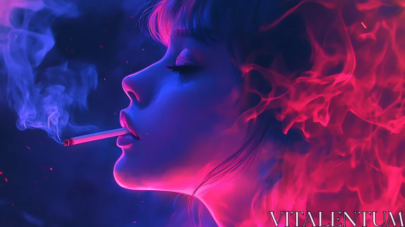 Side profile woman smoking surrounded by neon pink smoke