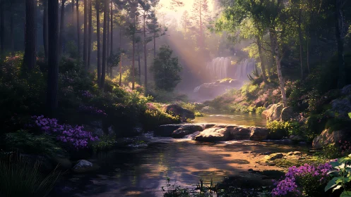 Enchanted Forest Stream with Waterfall Cascade at Golden Hour