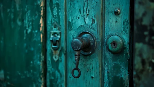 Weathered teal door lock with antique key in focus.
