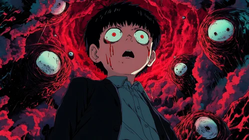 Psychic boy engulfed by red vortex with spectral orbs