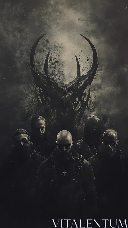 Dark metal band stands beneath towering demonic horned sigil