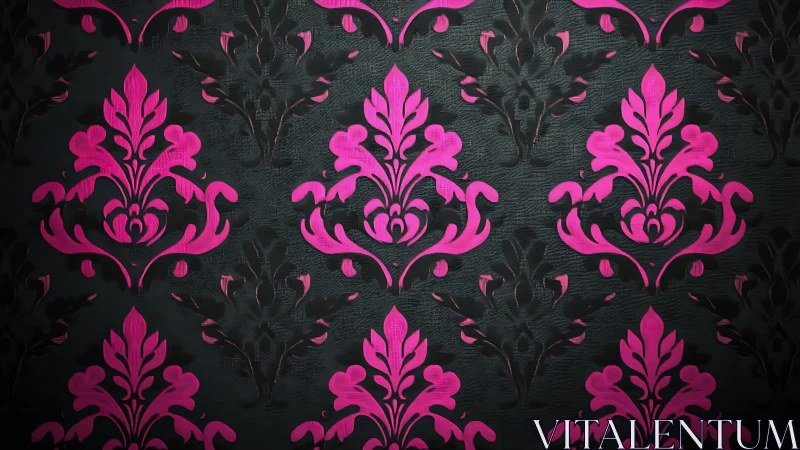 Pink damask pattern over dark textured wallpaper background.