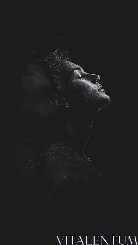 Profile portrait of illuminated face emerging from dark field