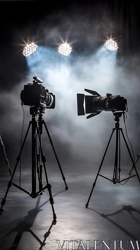 Cinema cameras stand under dramatic studio backlighting.