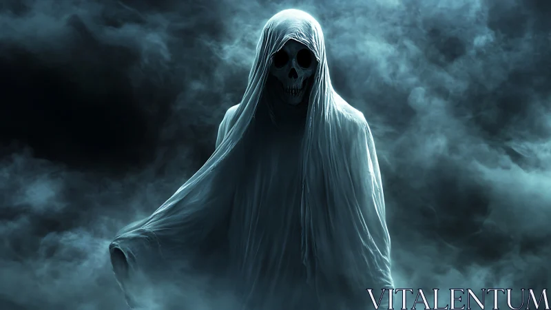 Grim reaper specter emerges from swirling ghostly mist.