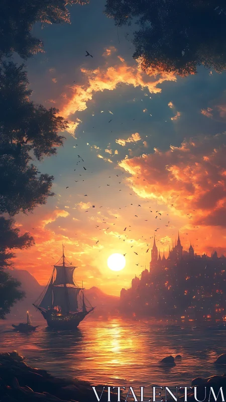 Golden harbor sunset with wandering ship and glowing city.