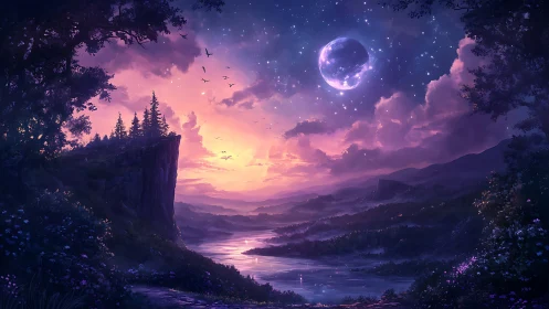 Enchanted river valley under glowing moonlit twilight.