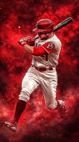 Dynamic red baseball slugger isolated in explosive motion art