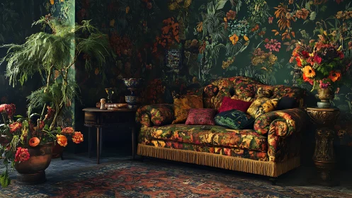 Moody floral lounge wrapped in lush vintage botanicals.