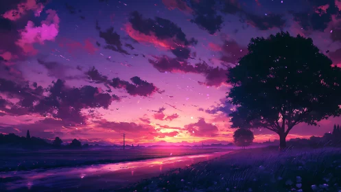 Vibrant anime sunset over reflective rural riverside field.
