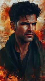 Intense male portrait against textured fiery abstract backdrop.