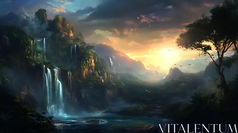 Mountain waterfalls descend into misty forested valley at dawn