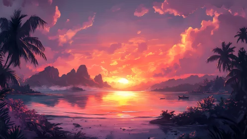 Sunset stitches molten color across a hushed island cove