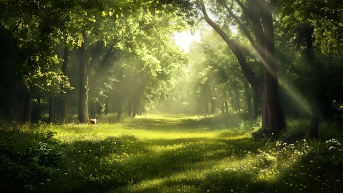 Luminous Forest Canopy with Crepuscular Rays and Verdant Understory