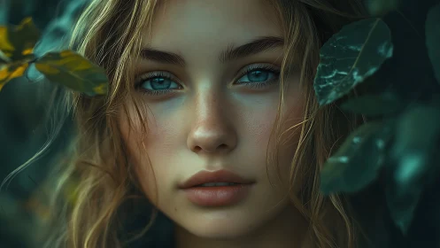 Forest portrait with teal-toned eyes and cinematic close-up lighting.