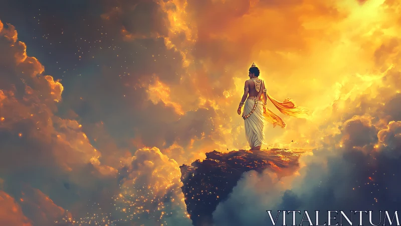 Celestial figure overlooking luminous storm of clouds.